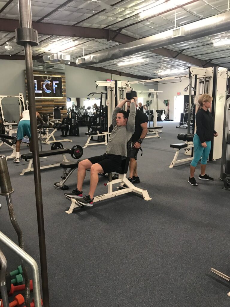 The gym floor seen from the racks